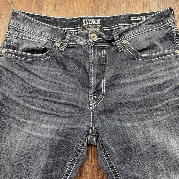 Salvage Mayhem Boot Regular Fit Jeans Men's 34S Blue Denim Buckle Pants Logo - Picture 3 of 10